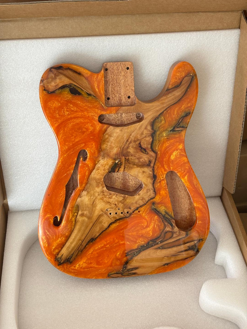 One-of-a-Kind Tele Thinline Style Pickguard-Ready Electric Guitar Body with EpoxyBurl Top & F-Hole (TRP-013)