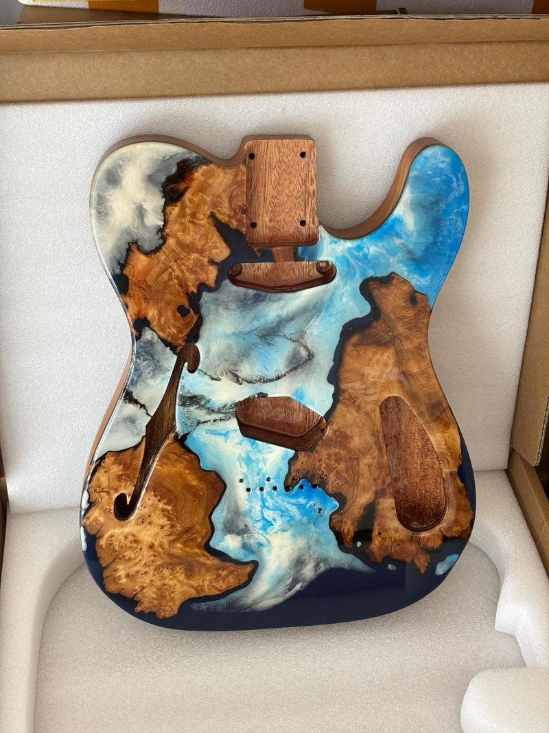 One-of-a-Kind Tele Thinline Style Pickguard-Ready Electric Guitar Body with EpoxyBurl Top & F-Hole (TRP-014)