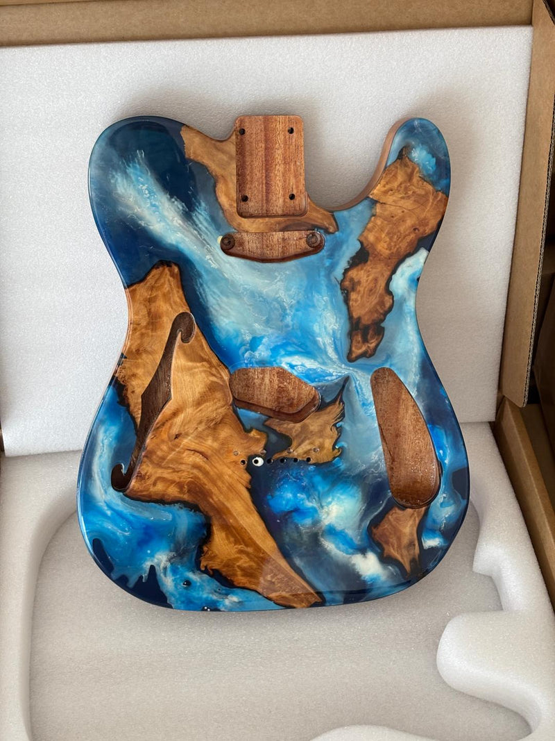 One-of-a-Kind Tele Thinline Style Pickguard-Ready Electric Guitar Body with EpoxyBurl Top & F-Hole (TRP-015)