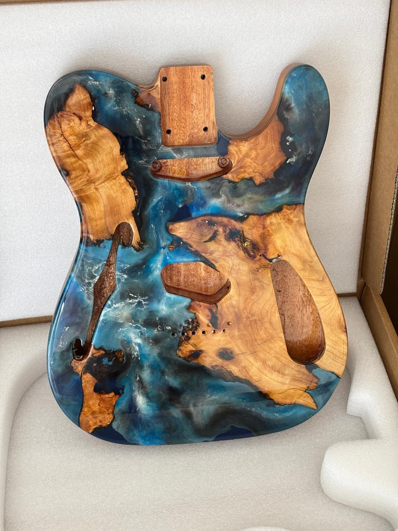 One-of-a-Kind Tele Thinline Style Pickguard-Ready Electric Guitar Body with EpoxyBurl Top & F-Hole (TRP-016)
