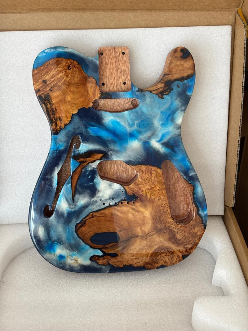 One-of-a-Kind Tele Thinline Style Pickguard-Ready Electric Guitar Body with EpoxyBurl Top & F-Hole (TRP-017)