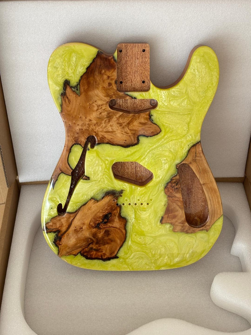 One-of-a-Kind Tele Thinline Style Pickguard-Ready Electric Guitar Body with EpoxyBurl Top & F-Hole (TRP-018)