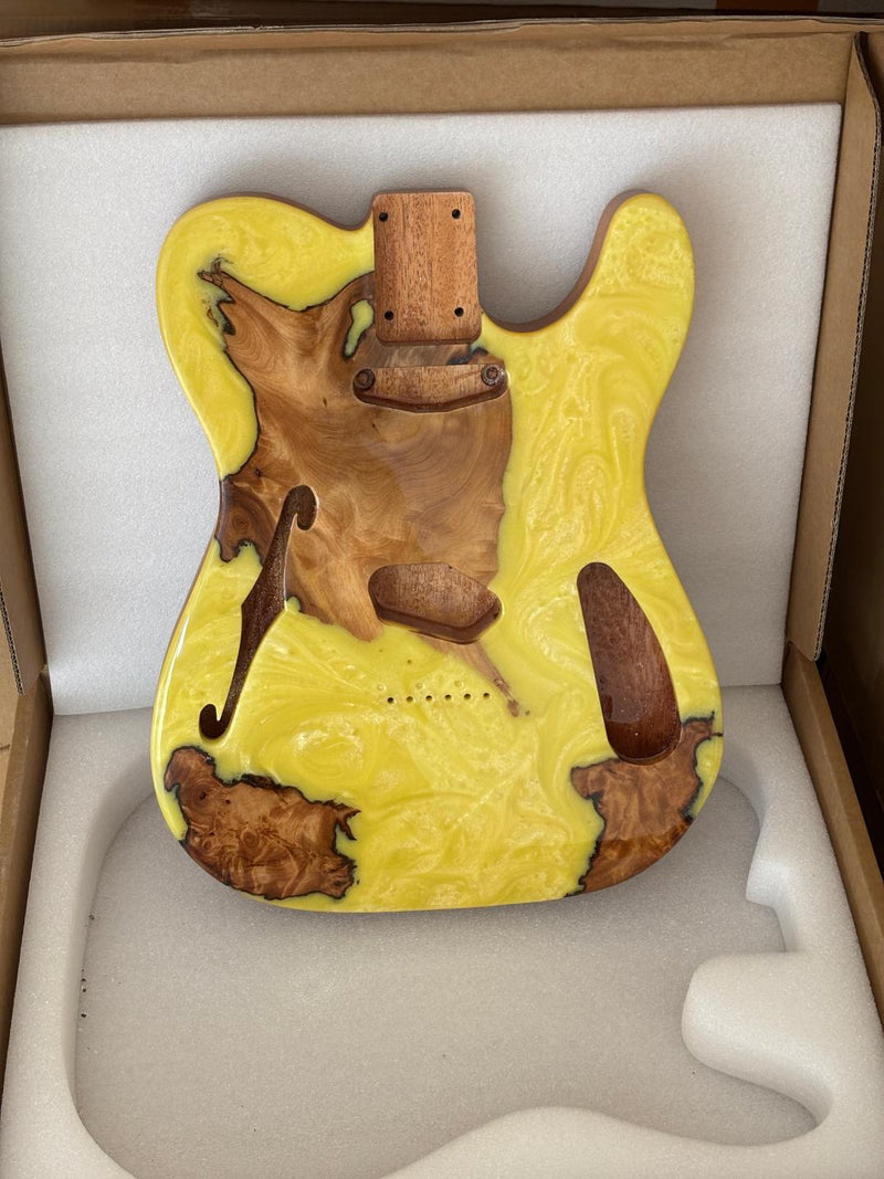 One-of-a-Kind Tele Thinline Style Pickguard-Ready Electric Guitar Body with EpoxyBurl Top & F-Hole (TRP-019)