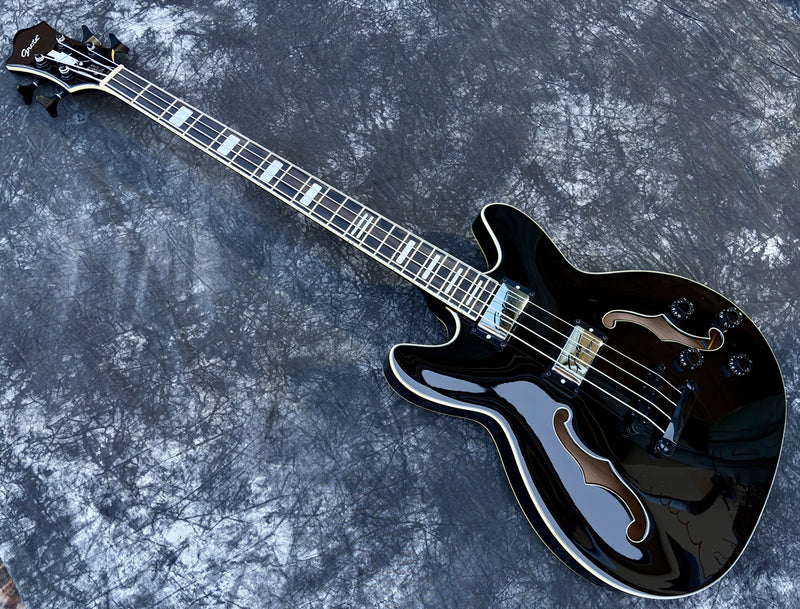 PANGO 4-String ES-Style Semi-Hollow Body Electric Bass Guitar with Gloss Black Finish (YMZ-285)