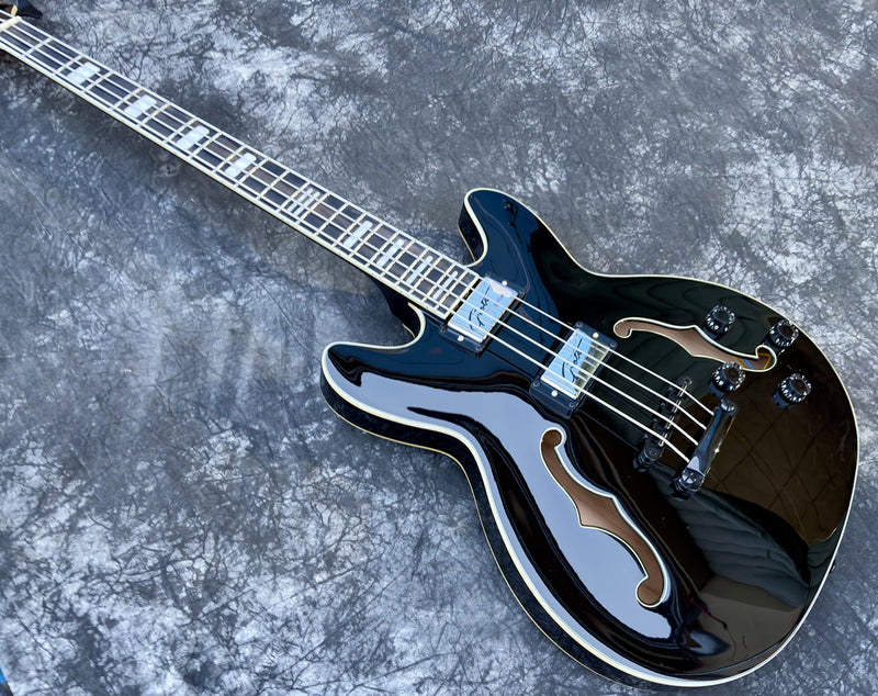 PANGO 4-String ES-Style Semi-Hollow Body Electric Bass Guitar with Gloss Black Finish (YMZ-285)