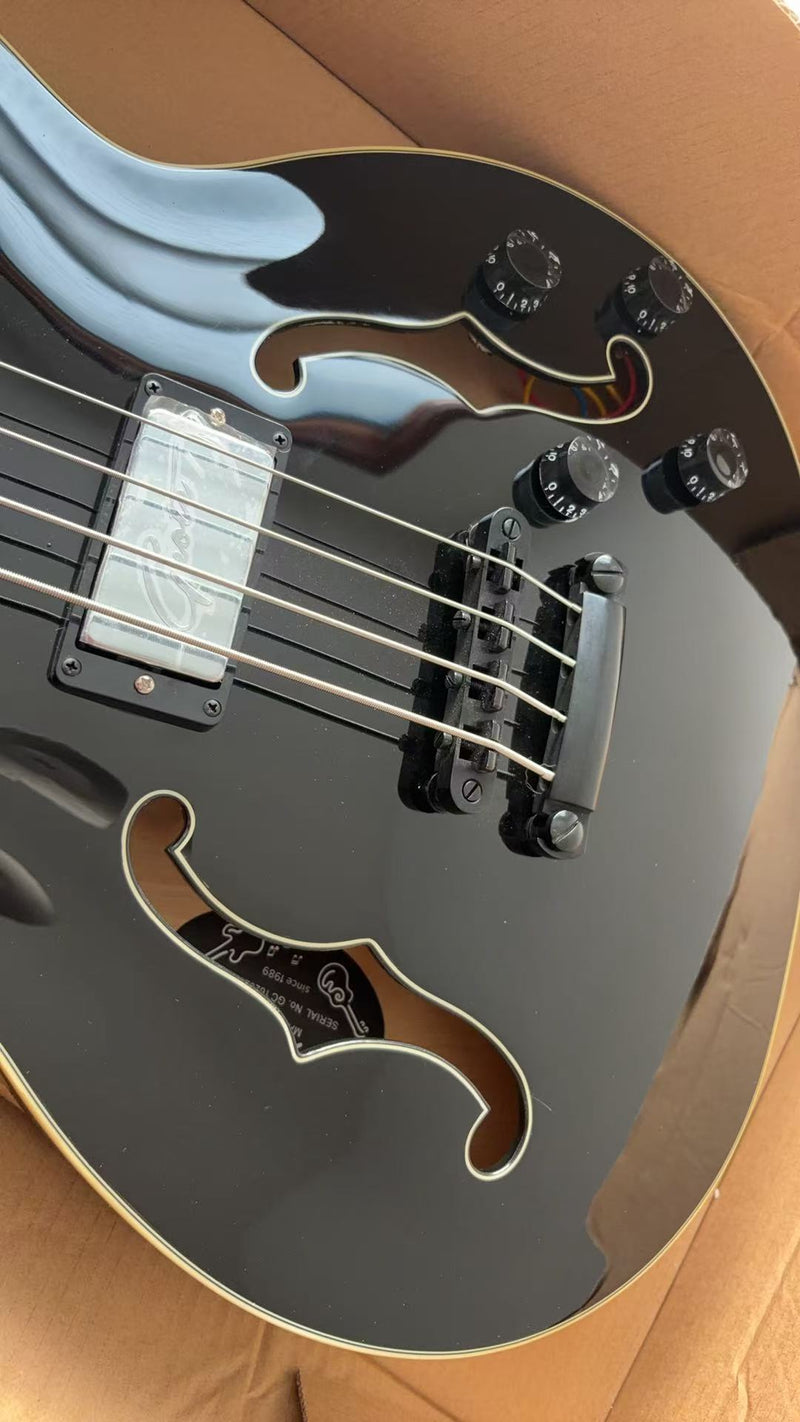PANGO 4-String ES-Style Semi-Hollow Body Electric Bass Guitar with Gloss Black Finish (YMZ-285)