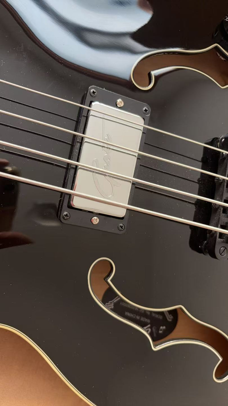 PANGO 4-String ES-Style Semi-Hollow Body Electric Bass Guitar with Gloss Black Finish (YMZ-285)
