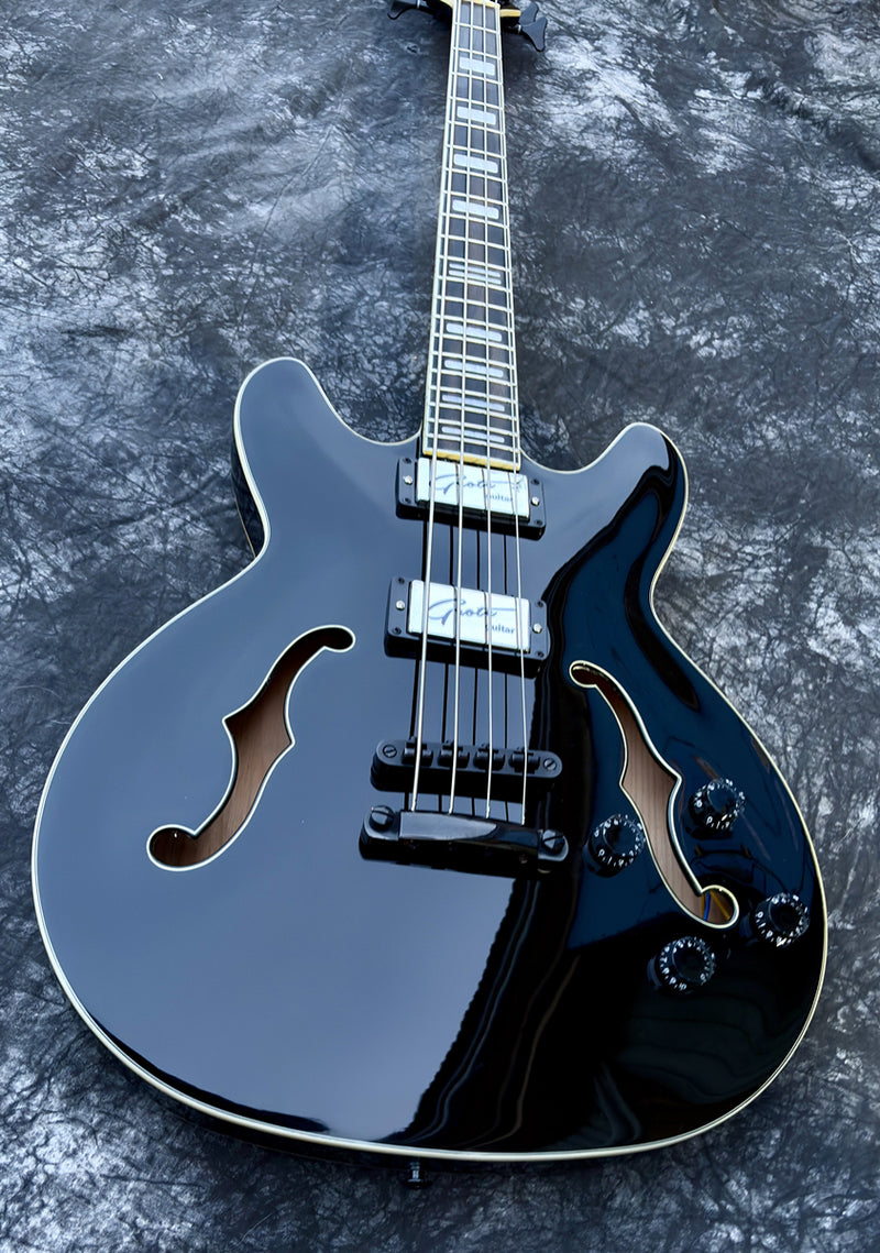 PANGO 4-String ES-Style Semi-Hollow Body Electric Bass Guitar with Gloss Black Finish (YMZ-285)