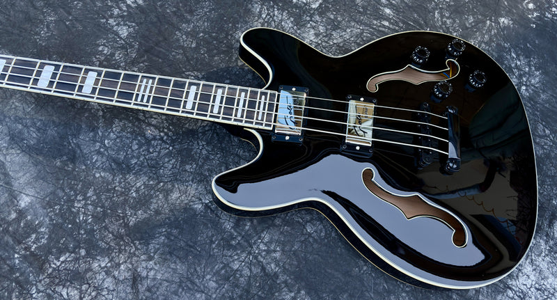 PANGO 4-String ES-Style Semi-Hollow Body Electric Bass Guitar with Gloss Black Finish (YMZ-285)