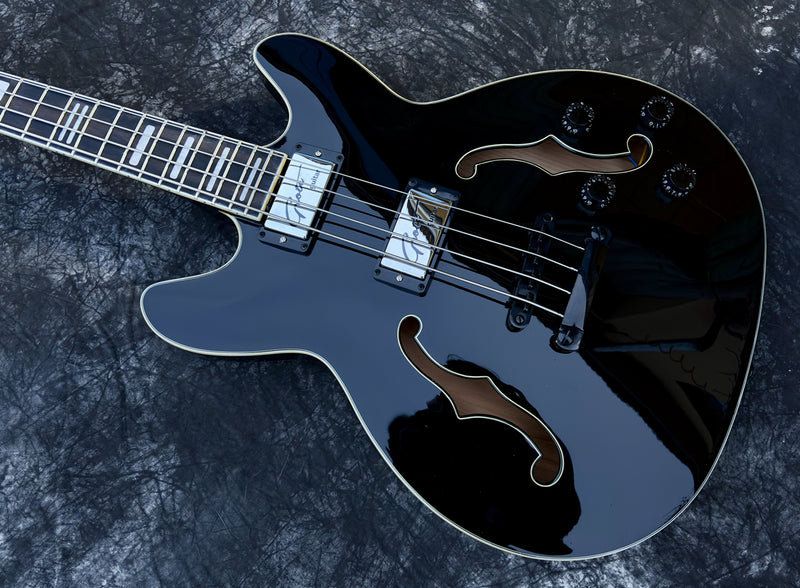 PANGO 4-String ES-Style Semi-Hollow Body Electric Bass Guitar with Gloss Black Finish (YMZ-285)