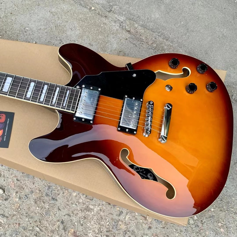 6-String ES-Style Semi-Hollow Body Electric Guitar with Sunburst Gloss Finish (YMZ-153)