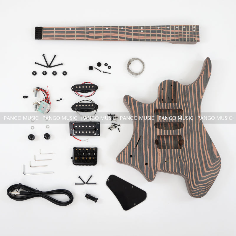 Headless Left Hand All Zebrawood DIY Electric Guitar Kit (ZQN-017F, Fast Shipping, Tariff-free)