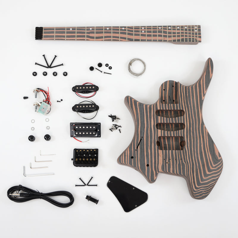 Headless Left-Handed All Zebrawood DIY Electric Guitar Kit (ZQN-017S)