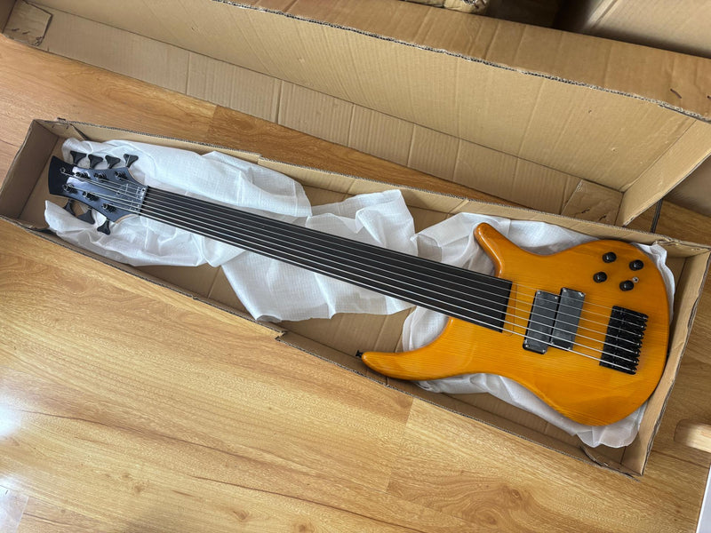 PANGO MUSIC 7-String Fretless Electric Bass Guitar with Gloss Transparent Amber Finish (GKS-047)