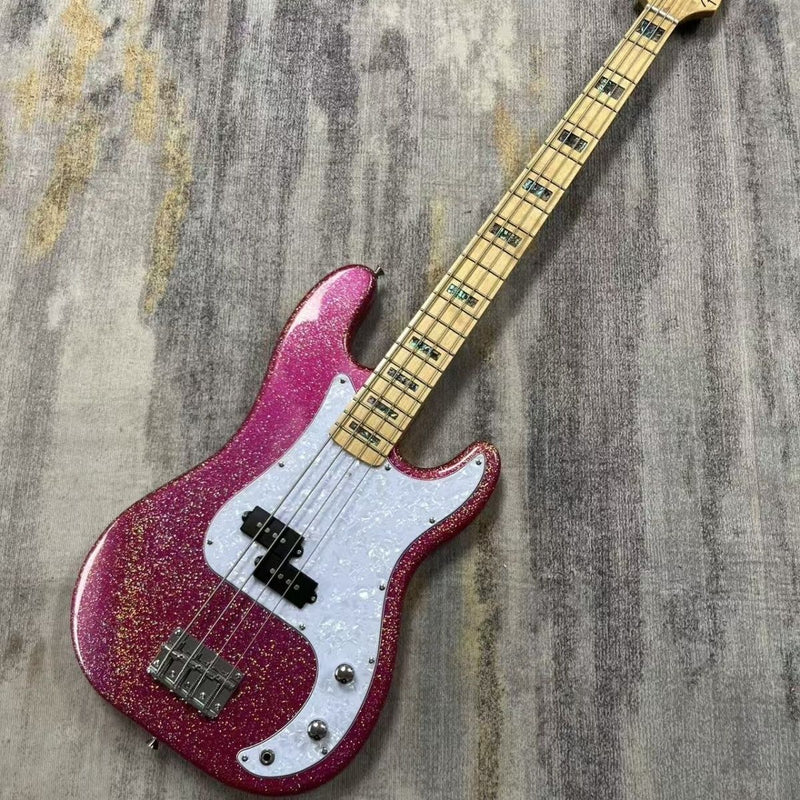 P Bass Inspired 4 String Electric Bass Guitar with Large Flake Purple Sparkle Finish (LRG-081)