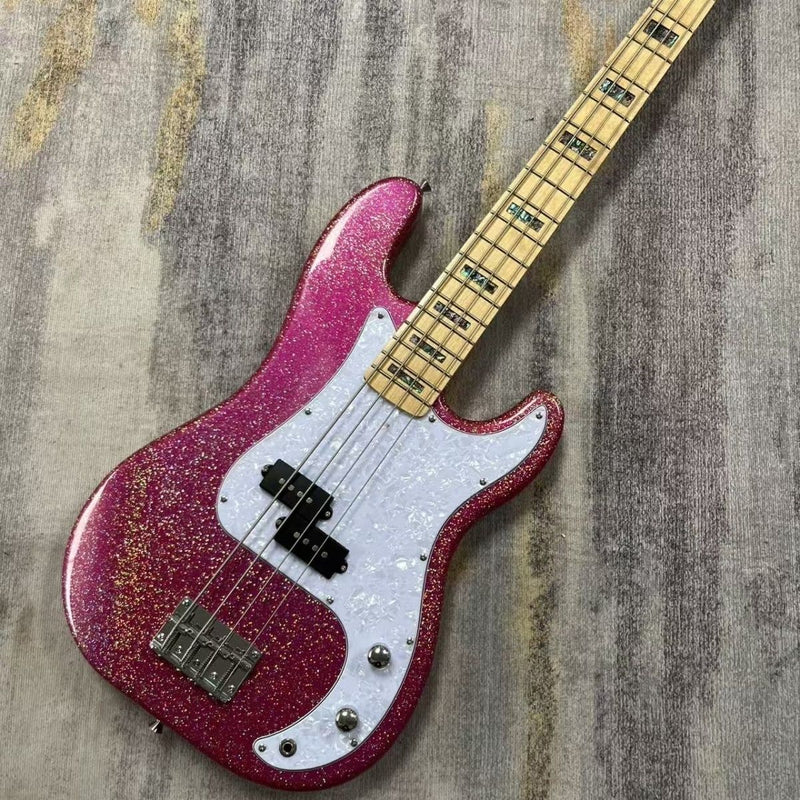 P Bass Inspired 4 String Electric Bass Guitar with Large Flake Purple Sparkle Finish (LRG-081)
