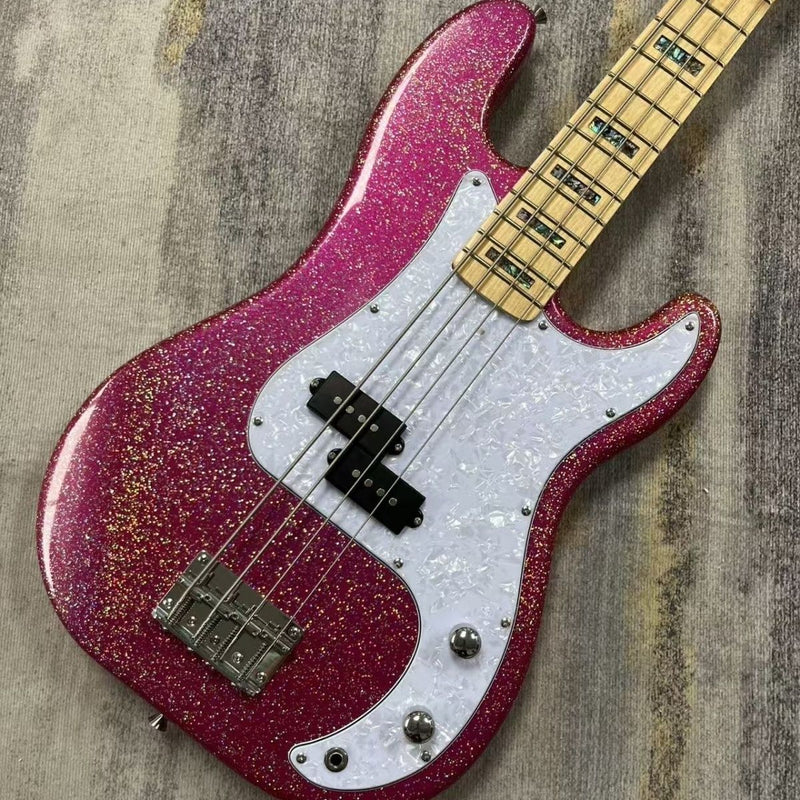 P Bass Inspired 4 String Electric Bass Guitar with Large Flake Purple Sparkle Finish (LRG-081)