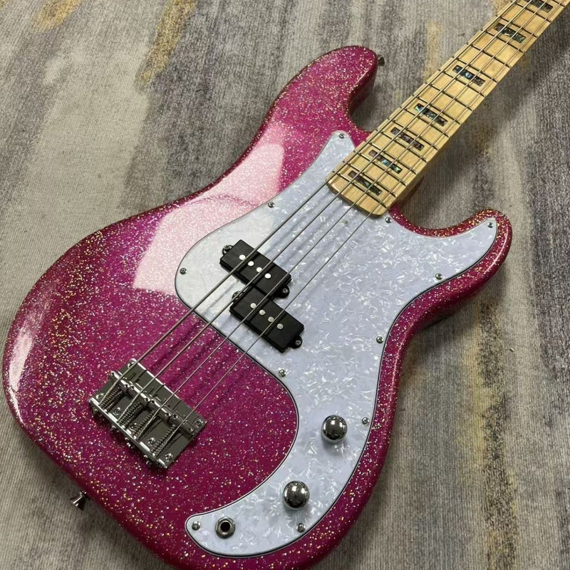 P Bass Inspired 4 String Electric Bass Guitar with Large Flake Purple Sparkle Finish (LRG-081)