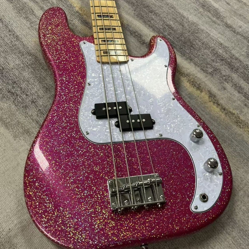P Bass Inspired 4 String Electric Bass Guitar with Large Flake Purple Sparkle Finish (LRG-081)