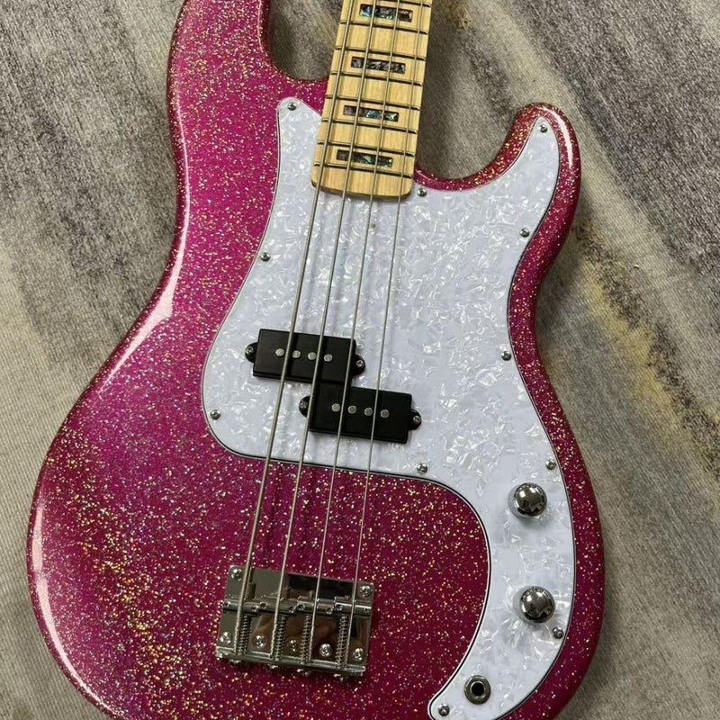 P Bass Inspired 4 String Electric Bass Guitar with Large Flake Purple Sparkle Finish (LRG-081)