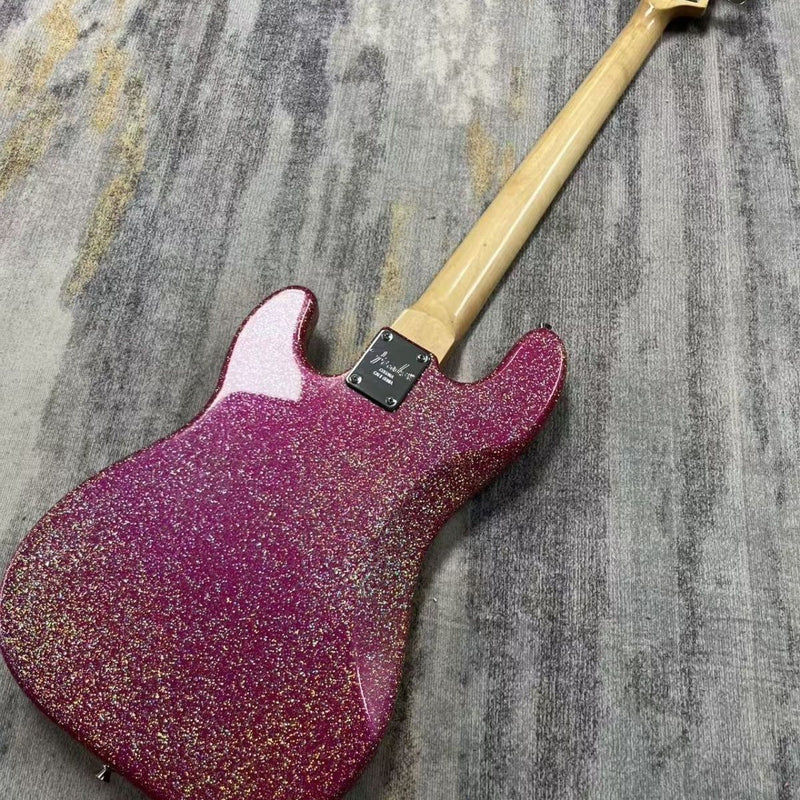 P Bass Inspired 4 String Electric Bass Guitar with Large Flake Purple Sparkle Finish (LRG-081)