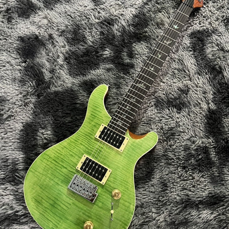PRS Style Double Cutaway Electric Guitar - Transparent Green Flame Maple Top & Single Tremolo Bridge (LRG-050)