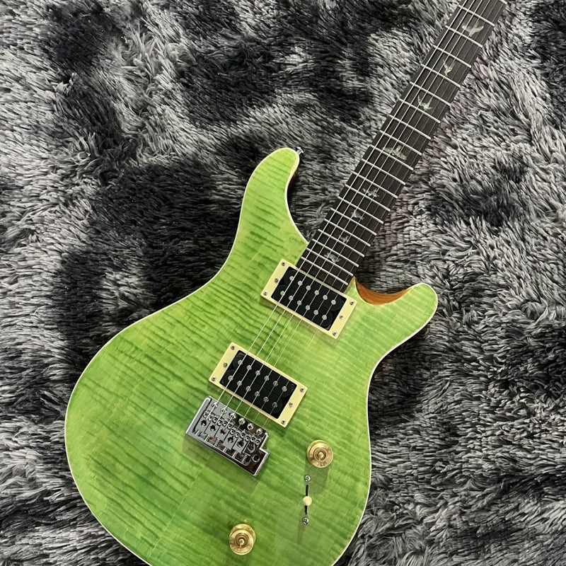 PRS Style Double Cutaway Electric Guitar - Transparent Green Flame Maple Top & Single Tremolo Bridge (LRG-050)