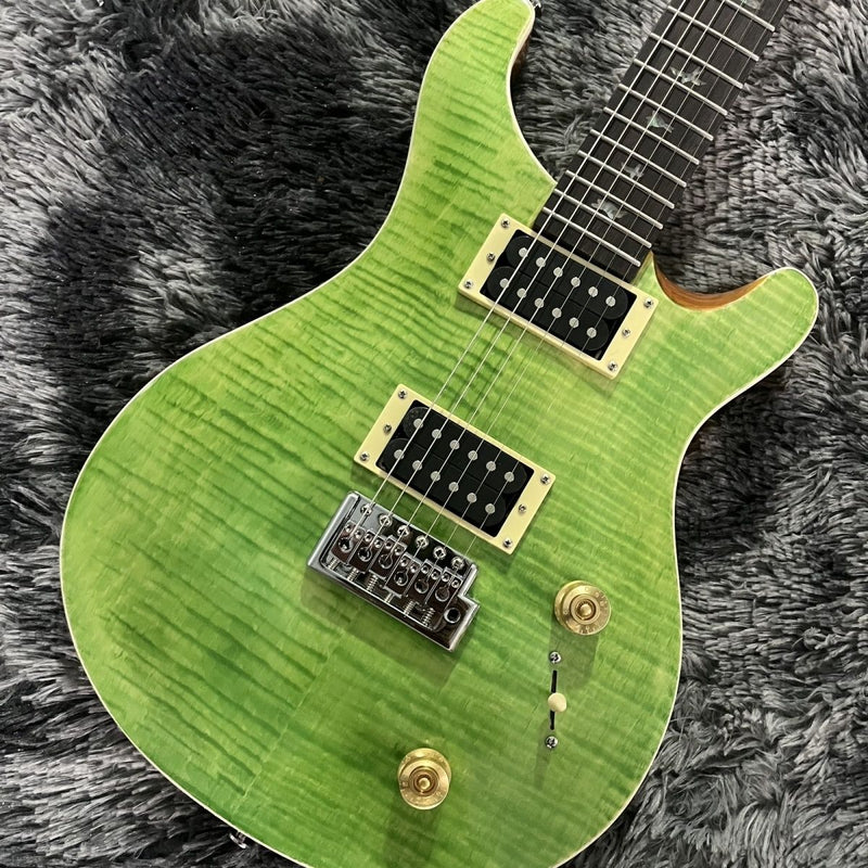 PRS Style Double Cutaway Electric Guitar - Transparent Green Flame Maple Top & Single Tremolo Bridge (LRG-050)