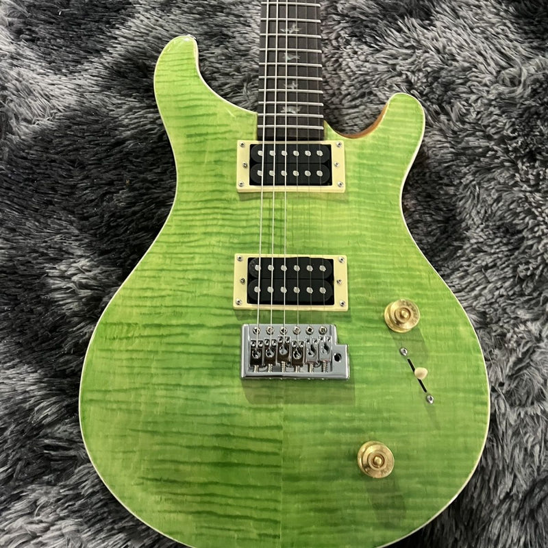 PRS Style Double Cutaway Electric Guitar - Transparent Green Flame Maple Top & Single Tremolo Bridge (LRG-050)