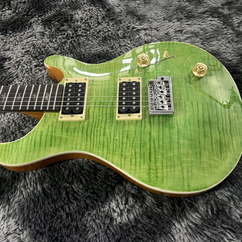 PRS Style Double Cutaway Electric Guitar - Transparent Green Flame Maple Top & Single Tremolo Bridge (LRG-050)