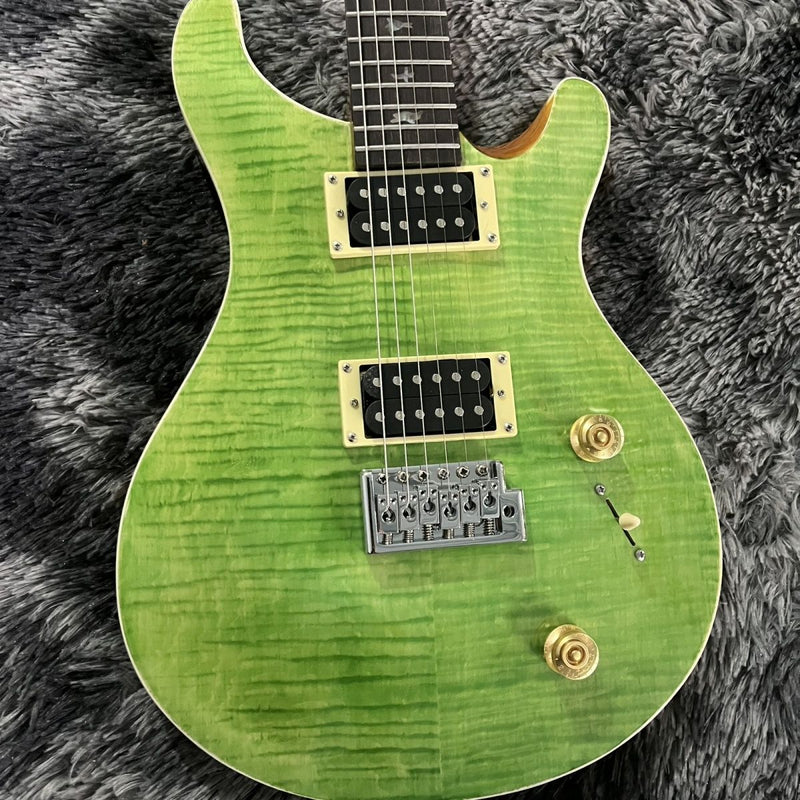 PRS Style Double Cutaway Electric Guitar - Transparent Green Flame Maple Top & Single Tremolo Bridge (LRG-050)