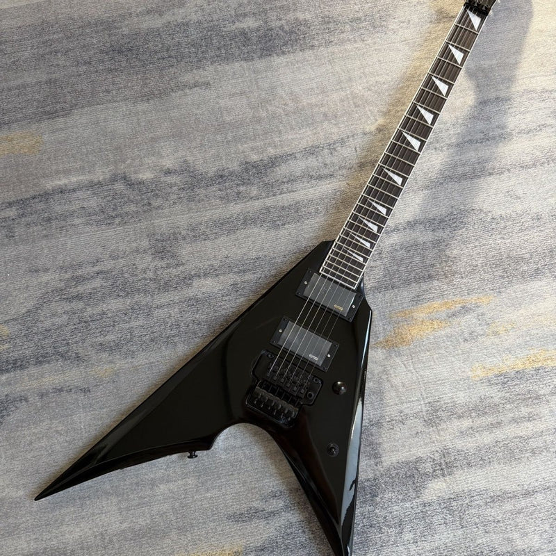Flying V Style Electric Guitar - Gloss Black, Active Dual Humbuckers & Floyd Rose Style Tremolo (LRG-048)