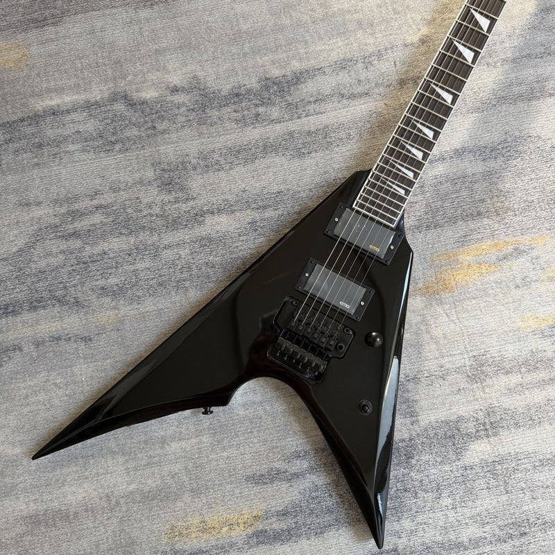 Flying V Style Electric Guitar - Gloss Black, Active Dual Humbuckers & Floyd Rose Style Tremolo (LRG-048)