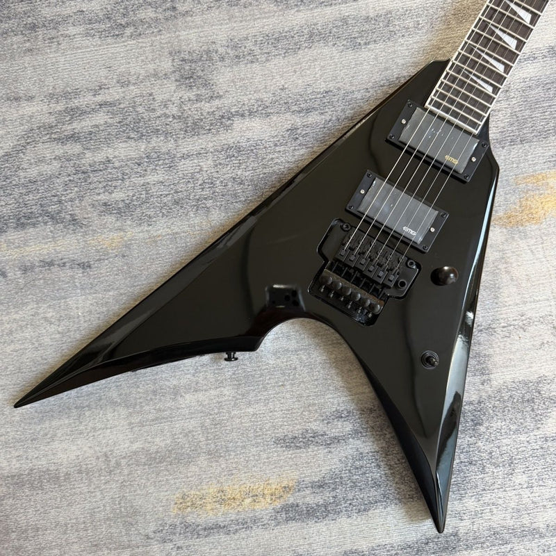Flying V Style Electric Guitar - Gloss Black, Active Dual Humbuckers & Floyd Rose Style Tremolo (LRG-048)