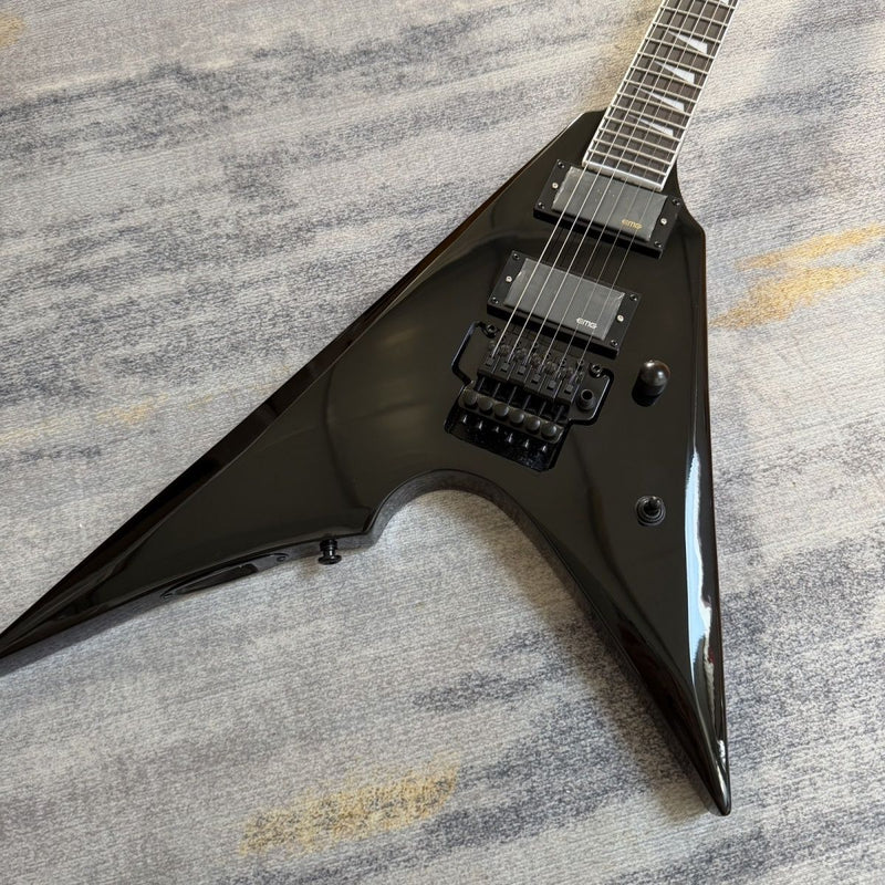 Flying V Style Electric Guitar - Gloss Black, Active Dual Humbuckers & Floyd Rose Style Tremolo (LRG-048)