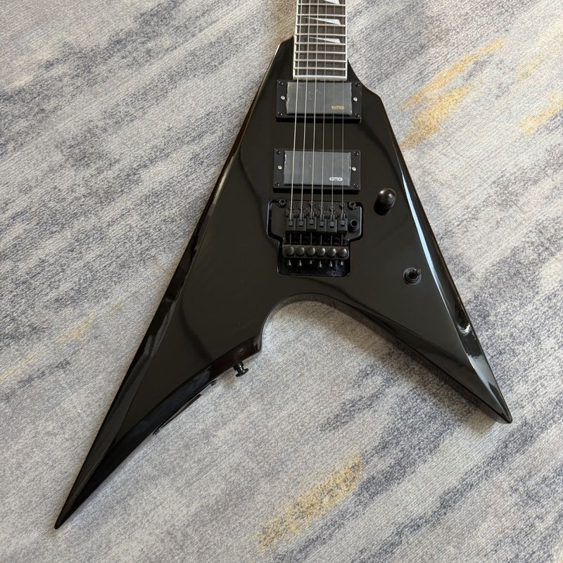 Flying V Style Electric Guitar - Gloss Black, Active Dual Humbuckers & Floyd Rose Style Tremolo (LRG-048)