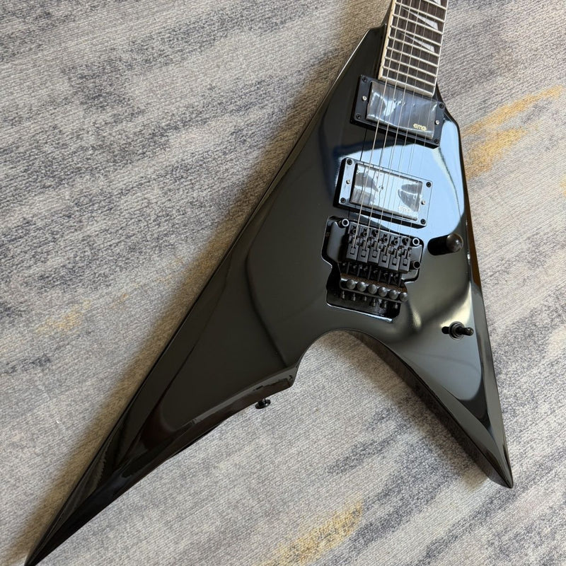 Flying V Style Electric Guitar - Gloss Black, Active Dual Humbuckers & Floyd Rose Style Tremolo (LRG-048)