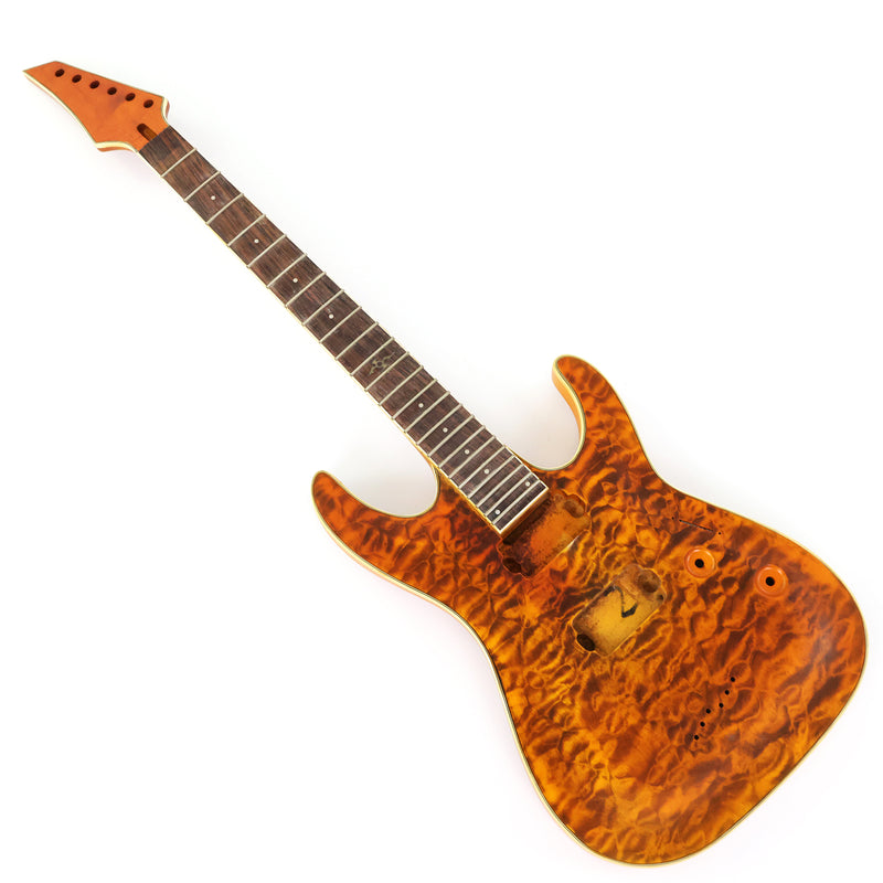 Pre-Finished Satin Amber Quilted Maple DIY Electric Guitar Kit with Reverse Headstock (RTA-015)