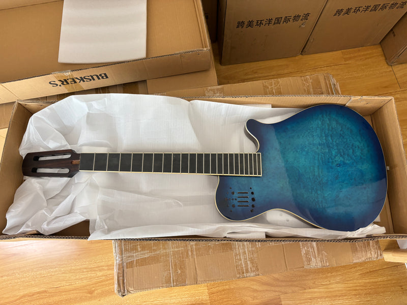 Pre-Finished Gloss Blue Burst Silent Travel Guitar - Frets & Neck Plate Installed, No Additional Parts or Electronics(PJY-004)