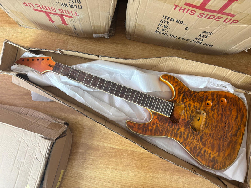 Pre-Finished Satin Amber Quilted Maple DIY Electric Guitar Kit with Reverse Headstock (RTA-015)