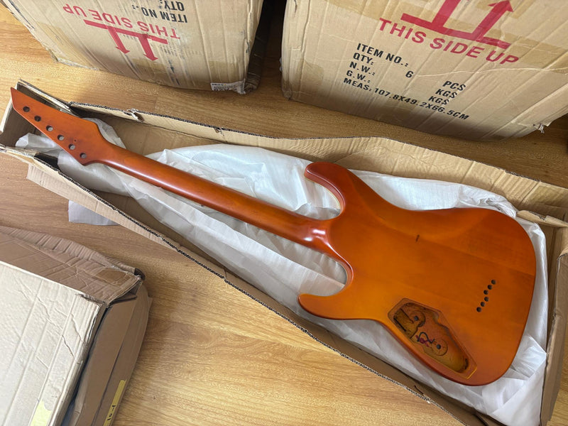 Pre-Finished Satin Amber Quilted Maple DIY Electric Guitar Kit with Reverse Headstock (RTA-015)