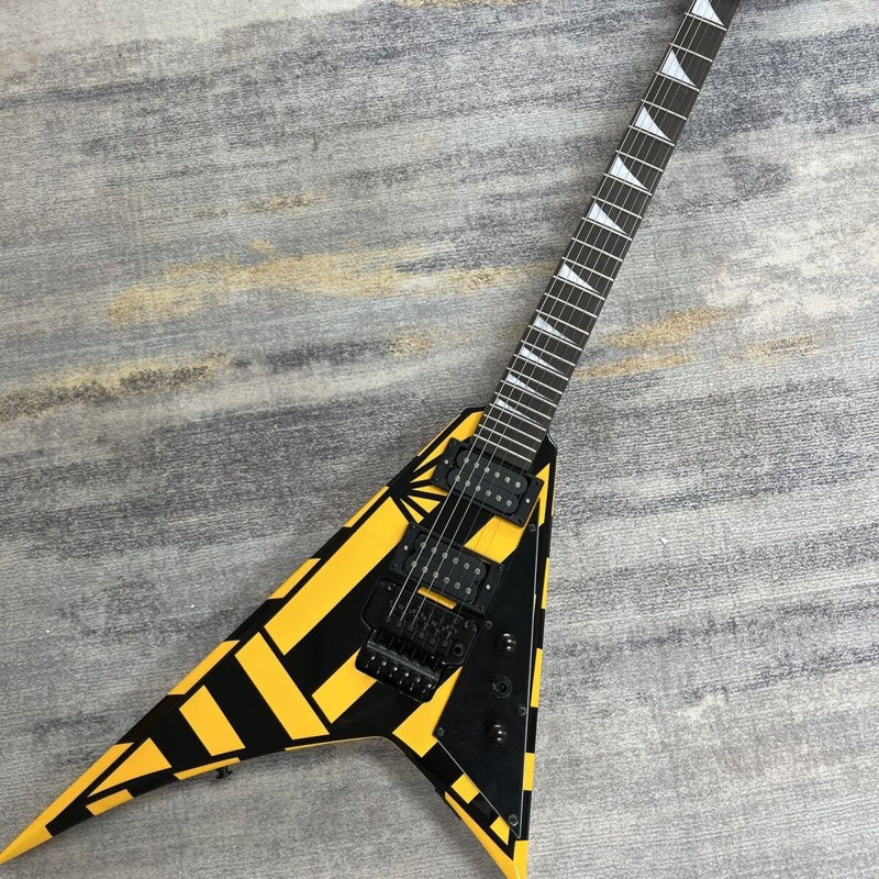 Rhoads V Style Bumblebee Yellow Black Stripe Electric Guitar with Locking Tremolo (LRG-032, No Logo)