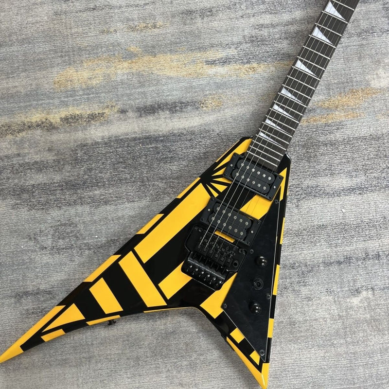 Rhoads V Style Bumblebee Yellow Black Stripe Electric Guitar with Locking Tremolo (LRG-032, No Logo)