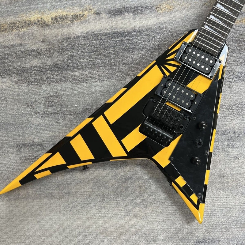 Rhoads V Style Bumblebee Yellow Black Stripe Electric Guitar with Locking Tremolo (LRG-032, No Logo)