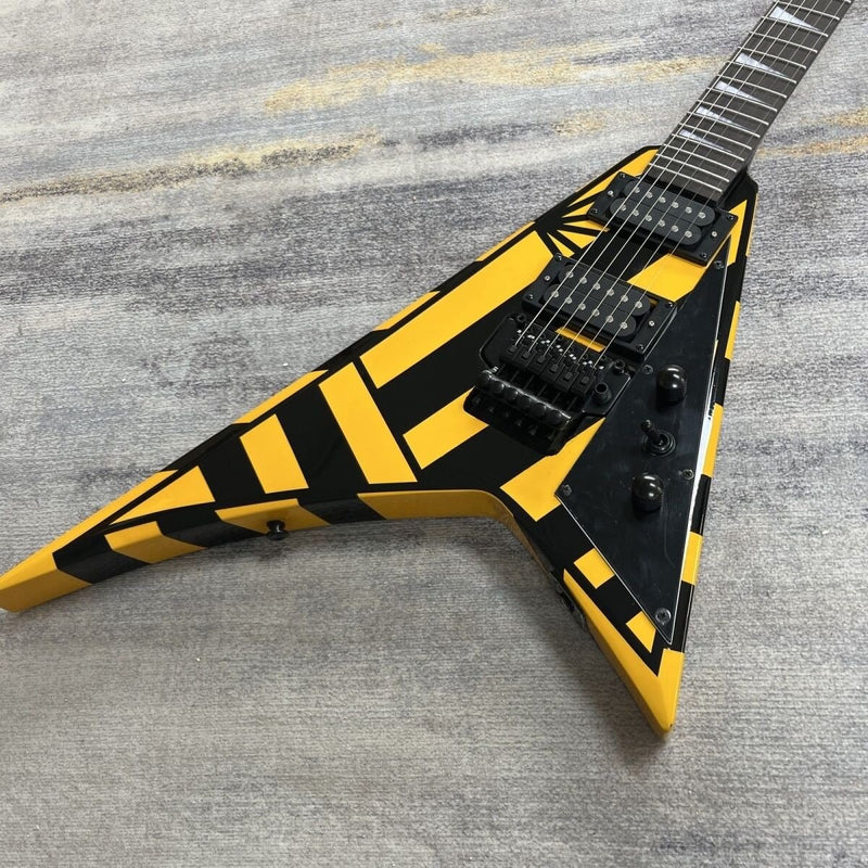 Rhoads V Style Bumblebee Yellow Black Stripe Electric Guitar with Locking Tremolo (LRG-032, No Logo)