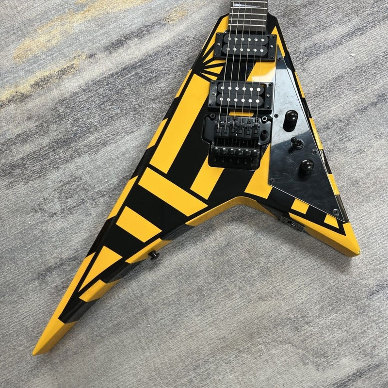 Rhoads V Style Bumblebee Yellow Black Stripe Electric Guitar with Locking Tremolo (LRG-032, No Logo)