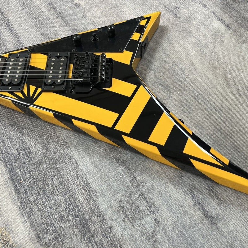 Rhoads V Style Bumblebee Yellow Black Stripe Electric Guitar with Locking Tremolo (LRG-032, No Logo)