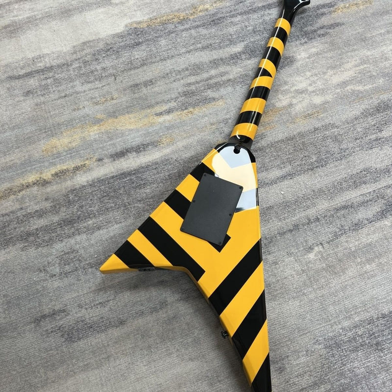 Rhoads V Style Bumblebee Yellow Black Stripe Electric Guitar with Locking Tremolo (LRG-032, No Logo)