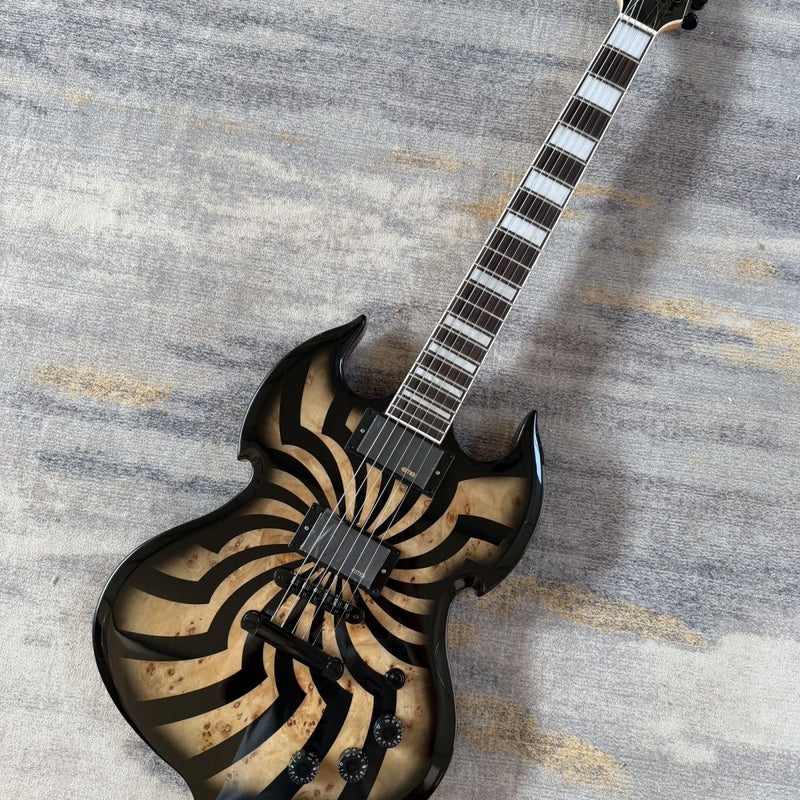 SG Style 6 String Electric Guitar with Gloss Black Spiral Burl Finish(LRG-103)