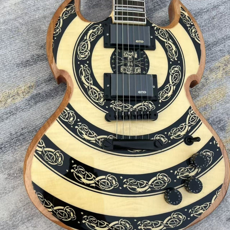 SG Style Electric Guitar with Gloss Natural Black Celtic Knot Graphic (LRG-124)